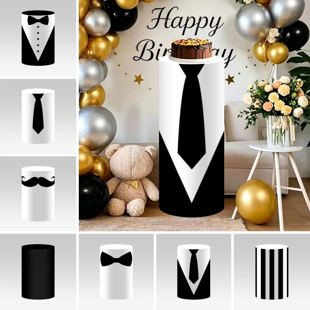 Yeele Black Suit Bow Tie Cylinder Pedestal Stand Covers for Boss Boy Father Birthday Party Event Decor Baby Cake Column Backdrop