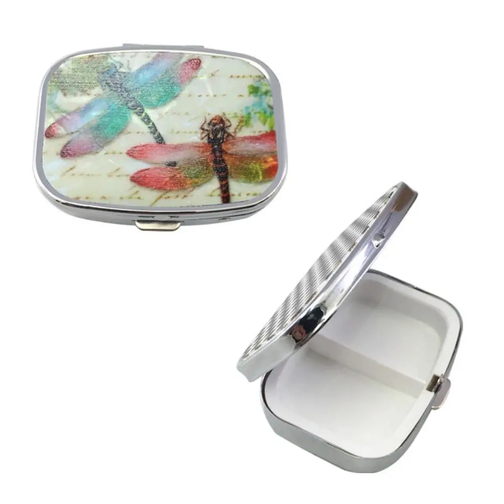 Two Plaid Double-Grid Metal Pill Box Container Rectangular Cosmetic Tool Dual Function Dustproof Tinkering Mirror Men