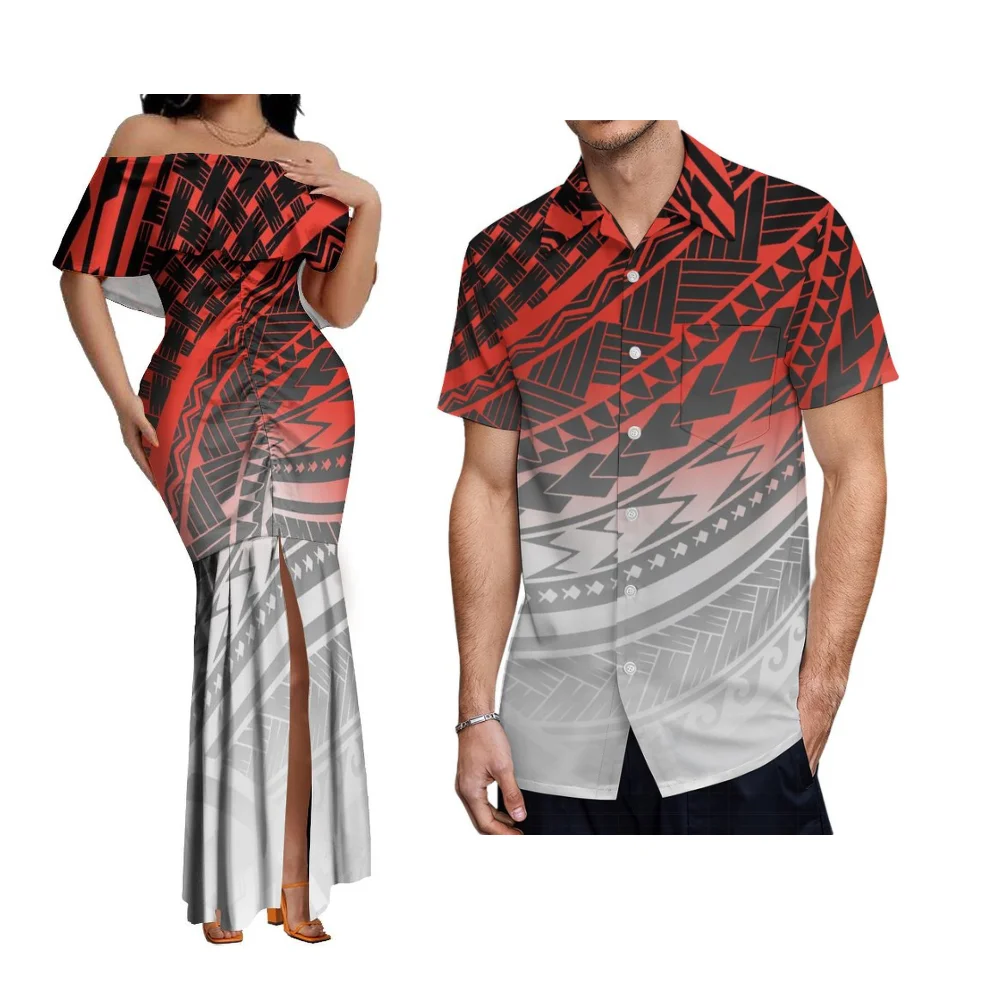 Damska sukienka na jedno ramię typu rybka, polinezyjski zestaw dla par na zamówienie i męska koszula, popularna samojska sukienka wieczorowa na festiwal.