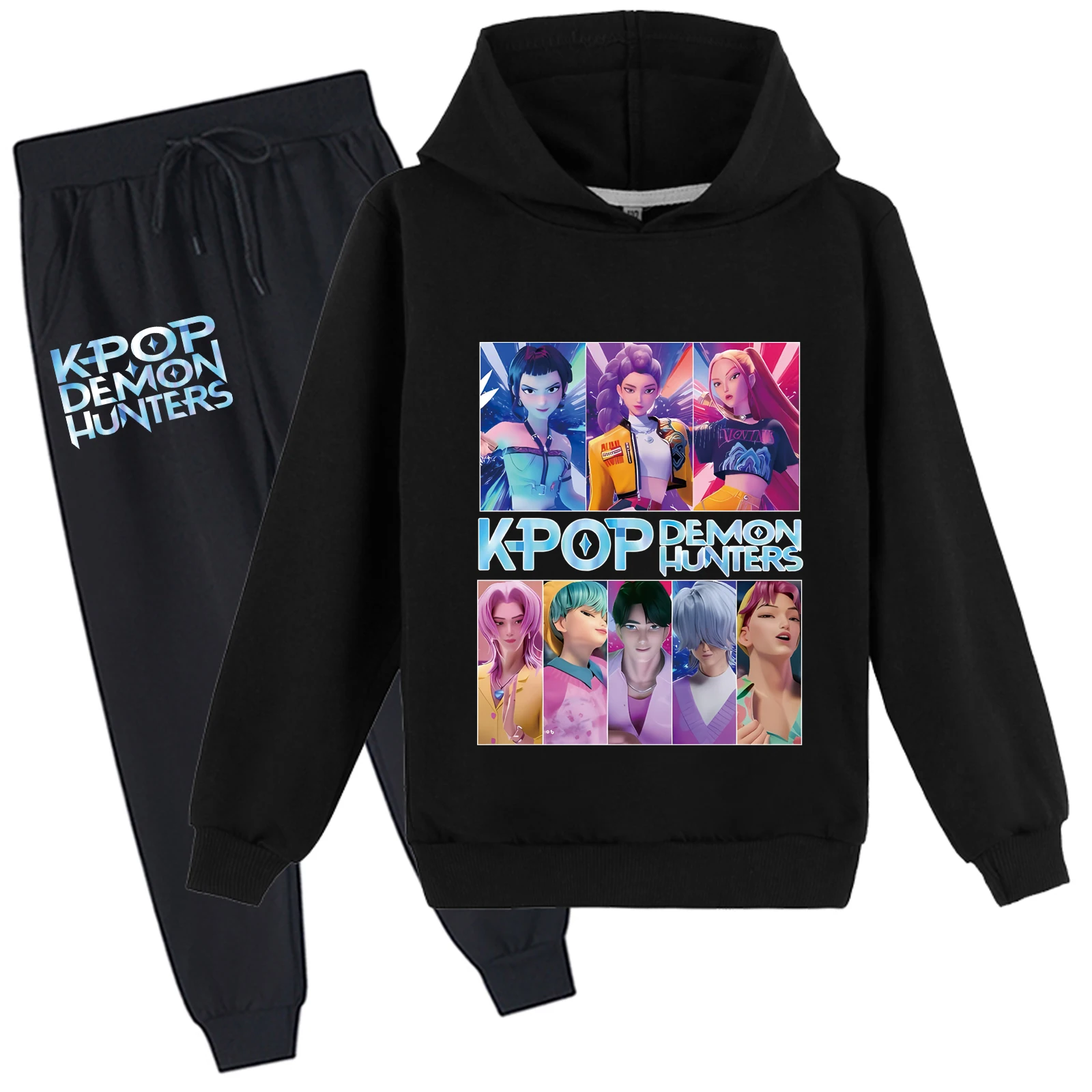 Completi da 2 pezzi unisex per bambini Kpop Demon Hunters Top alla moda e pantaloni lunghi, felpe con cappuccio a maniche lunghe autunnali per 2-14 anni