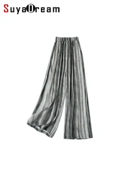 SuyaDream,Striped Pants For Woman, 21mm 93%Silk 7%Spandex, Elastic Waist, Wide Leg Pants, 2024 Spring Summer Trousers, Grey