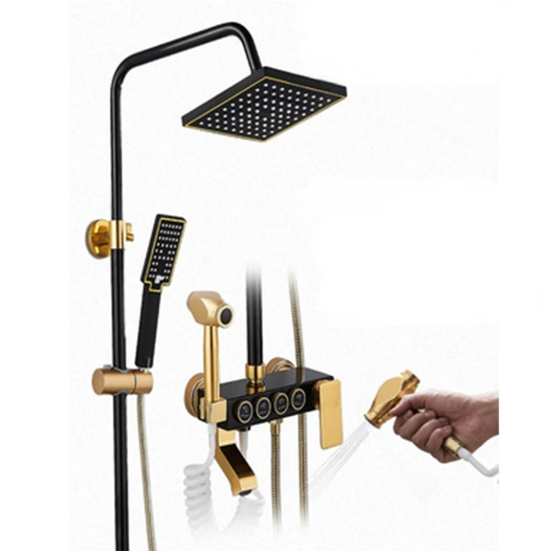 

Black Gold Button Space Aluminum Shower Set Rotary Folding Nozzle Hot And Cold Water Faucet Multi-function Bathroom