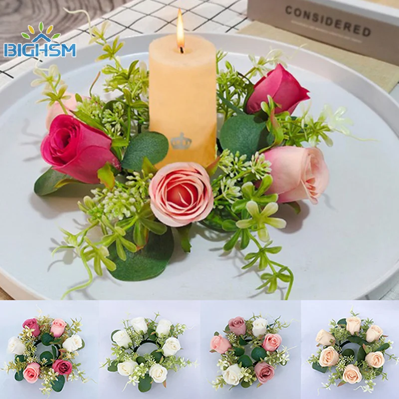 Candle Rings Candlestick Wreath European Artificial Rose Wreath Ornaments New Year Party Decor Prop Table Wedding Arrangement