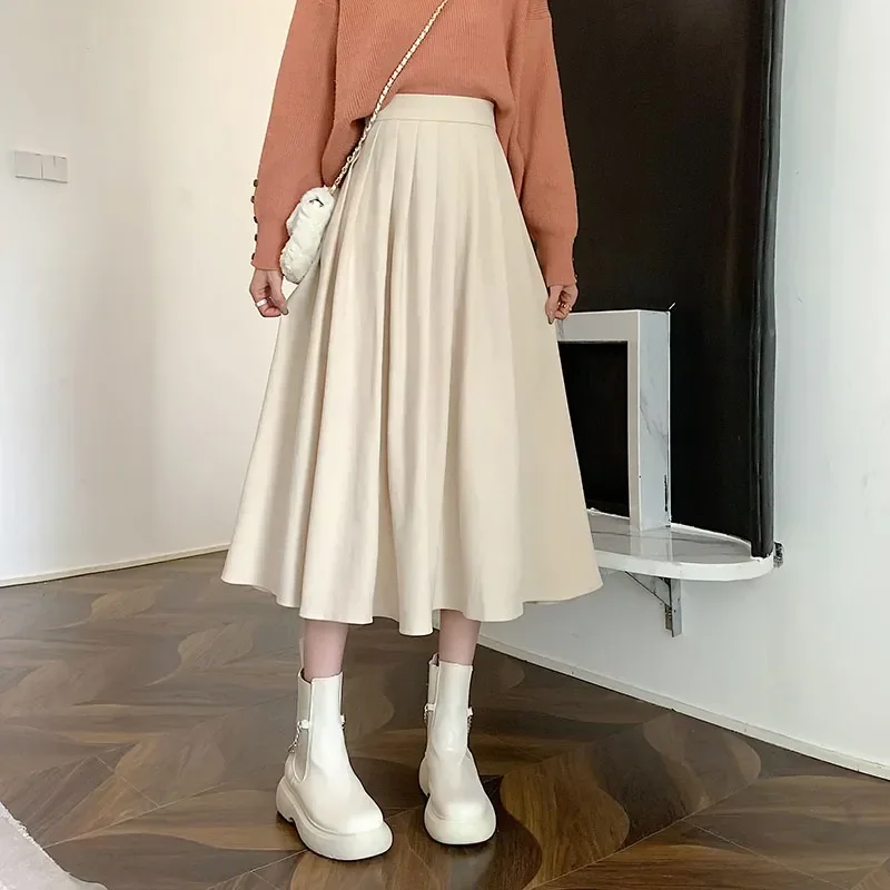 

Vintage Brown High Waist Pleated Skirt Women Korean Fashion College Style Long Skirt Ladies Autumn Casual A line Skirts