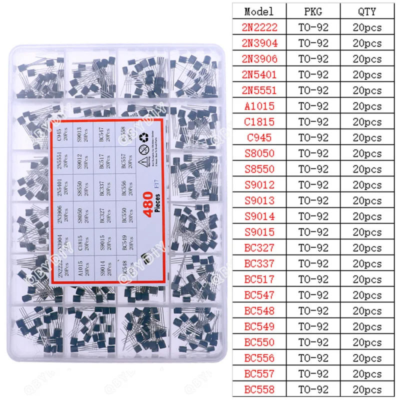 480Pcs 24Types Silicon In-line NPN PNP Transistor Assortment Kit set 2N2222 S8050 S9014 2N3906 BC547 BC548 BC549 BC550 BC558