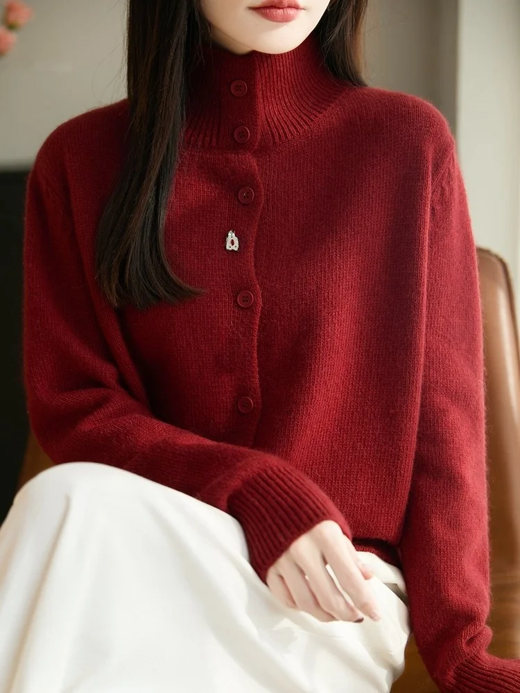 

Women's Knitted f-High Collar Double-Breasted Open Cardigan Warm Sweater Jaet Commute Faion Age-Defng Top Red Versatile