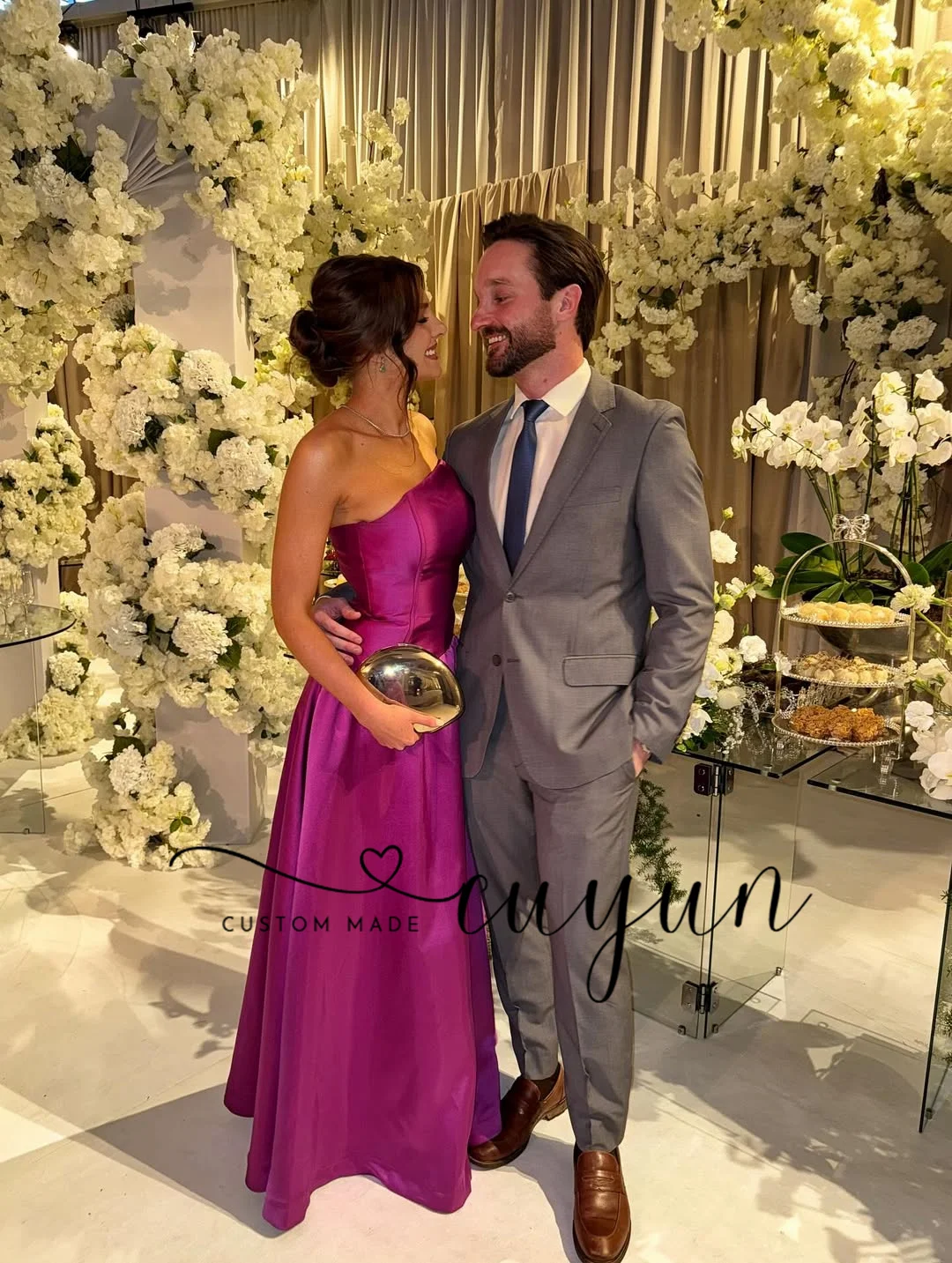 CUYUN Sukienki wieczorowe damskie na zamówienie, satynowe, w kolorze fuksji, bez ramiączek, o kroju litery A, do ziemi, na studniówkę, przyjęcie, kolację, vestidos de fiesta