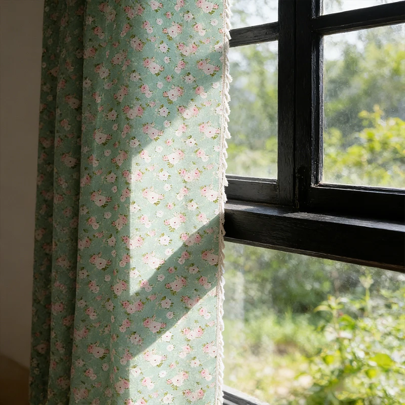 

Bohemian Floral Printed Curtains, Pastoral Style, Darkening Drape, Cotton Curtain Panel with Tassel for Living Room and Bedroom