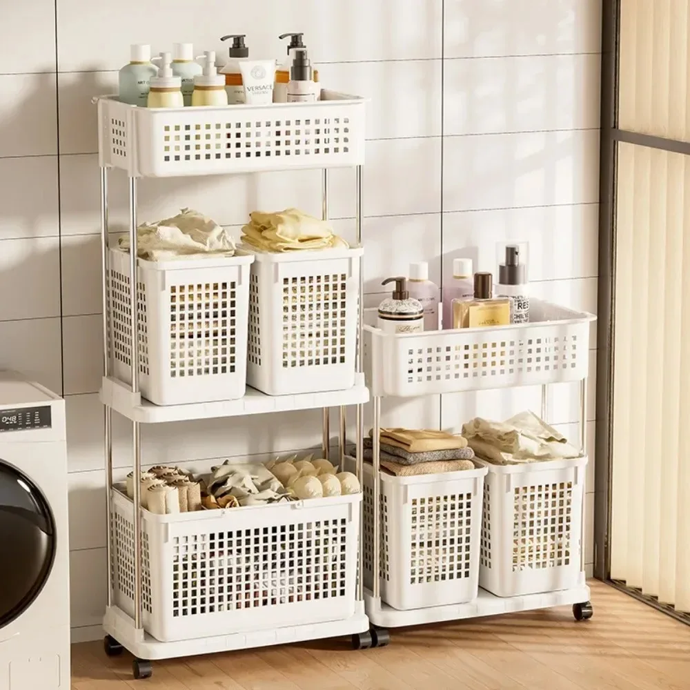 Dirty Clothes Trolley Basket With Wheel  Dirty Laundry Basket Bathroom Storage Shelf Laundry Baskets Movable Bathroom Trolley