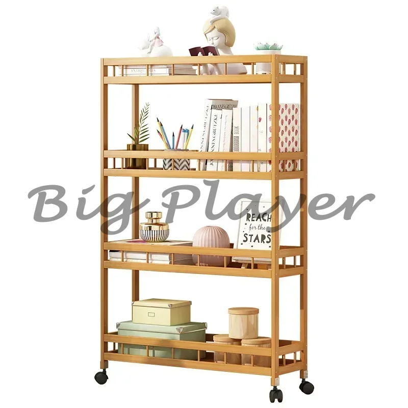 

Narrow Gap Floor Rack Standing Bathroom Storage Shelf With Wheels Multi-Layer Bamboo Organizer Cart