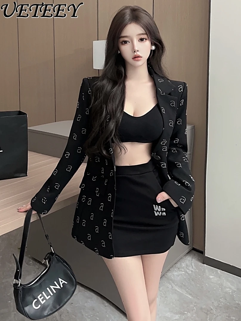 Goddess Temperament Starry Letter Rhinestone Acetate Satin Suit Jacket Summer New Mid-Length Sun Protection Shirt Black Coat