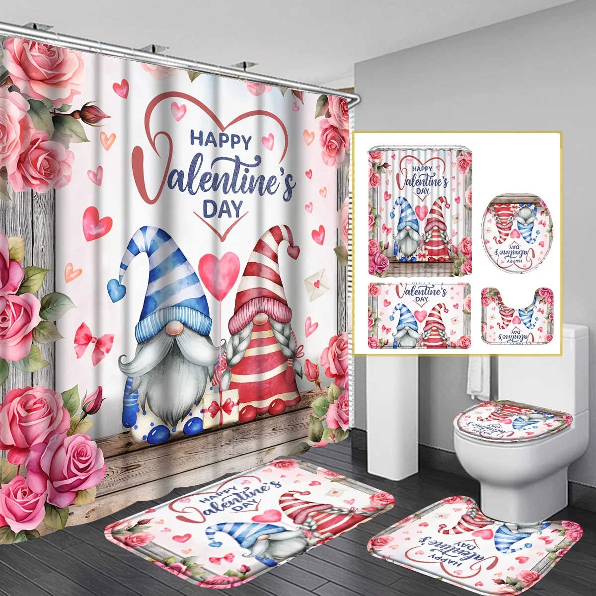 

Набор занавесок для душа ко Дню святого Валентина с нескользящими ковриками, ковриком для унитаза и чехлом на сиденье, романтический декор для ванной комнаты с розой гнома