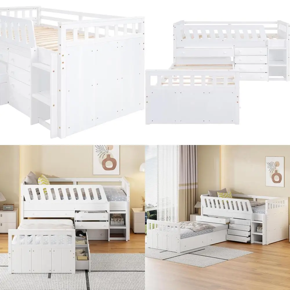 

Двухместная L-образная кровать-чердак с низким основанием, лестницей-шкафом, защитным бортиком и выдвижными ящиками для хранения (белая)