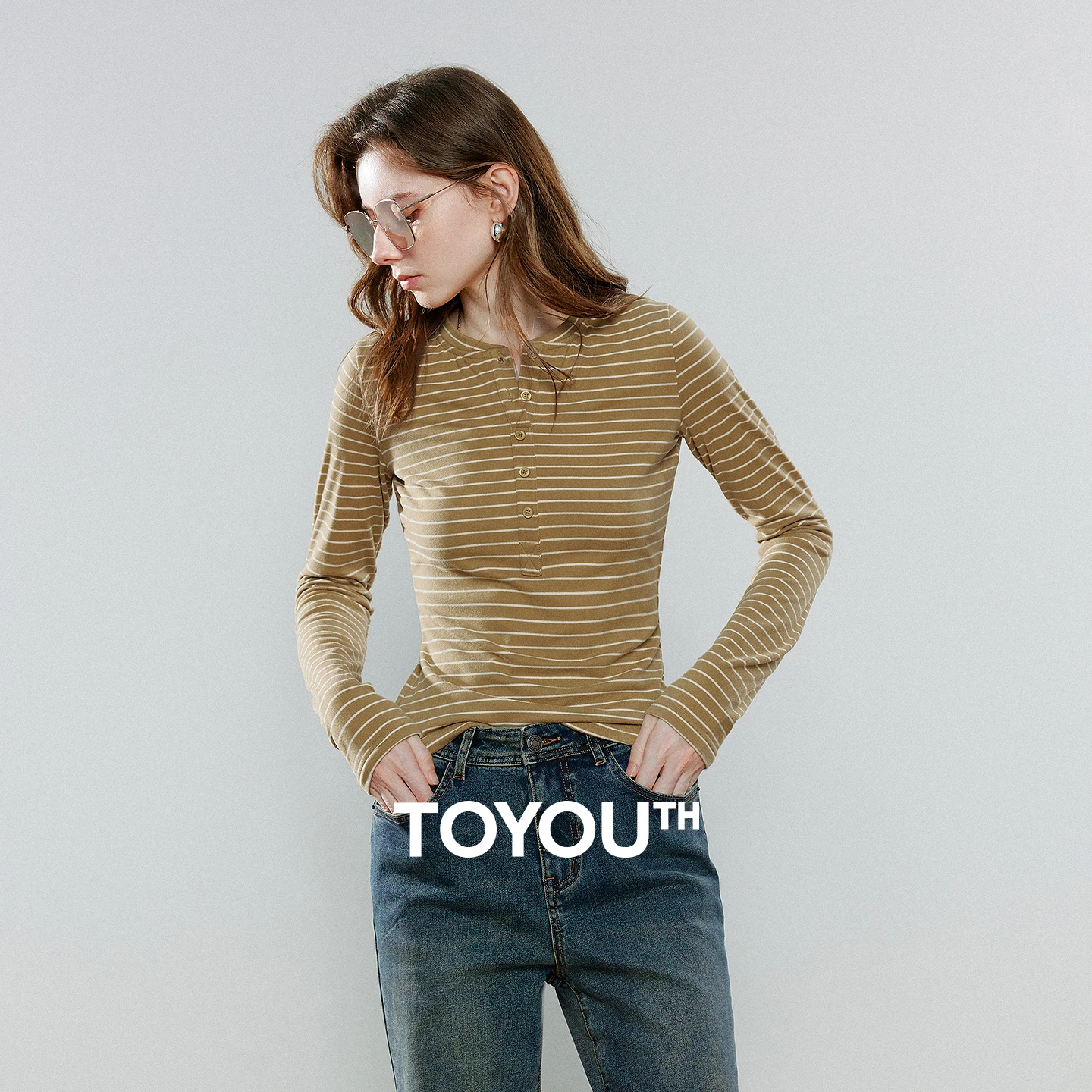 TOYOUTH Women T-shirts 2026 Spring New Striped Velour Slim Fit Slimming Button Half Placket Base Layer Casual Comfortable Tops
