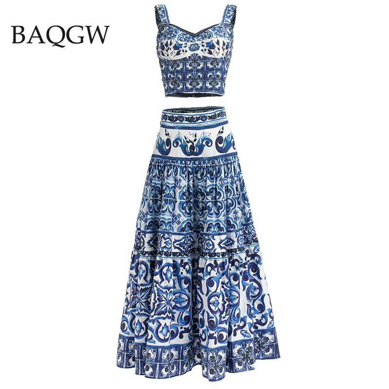 

Woman Long Skirt Fashion Print Crop Top and High Waist Women Pleated Skirt Two Piece Sets Y2k Clothes Fashion Swing Skirt Suit