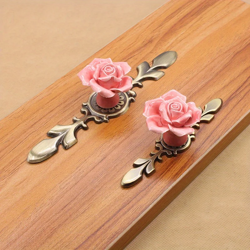 1pc Antique Copper Rose Ceramic Cabinet Pull - Hand-Kneaded Bronze Single Hole Handle With Vintage European Pumpkin Design For W