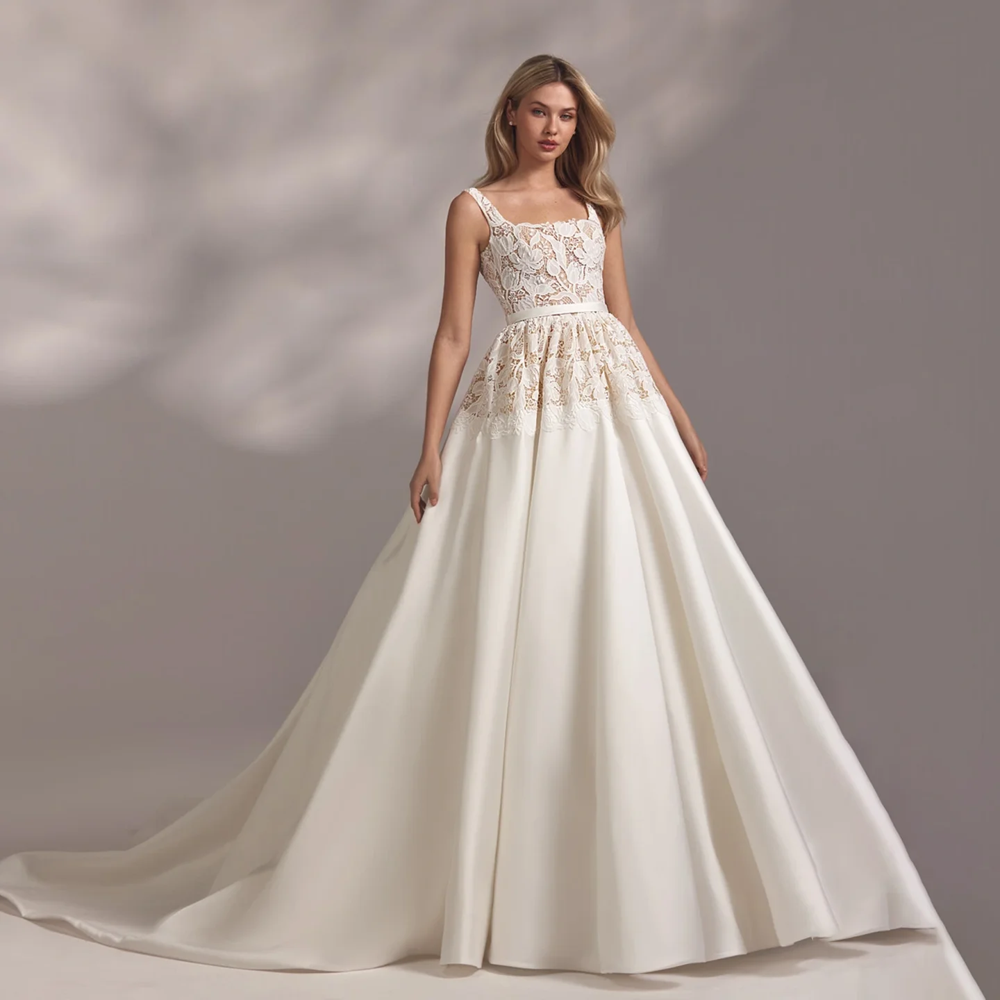 

Sharon Said Elegant Square Collar Off White Satin Wedding Dress 2025 A-Line Court Train Princess Bride Gowns SW245 Customized