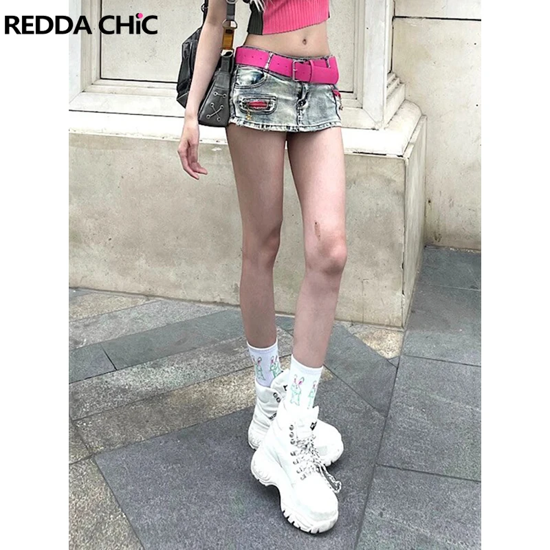 

REDDACHiC Women Belted Distressed Denim Skirt Pants 2-In-1 Low Rise Star Zipper Jeans Skorts Summer Harajuku Grayu Y2k Bottoms