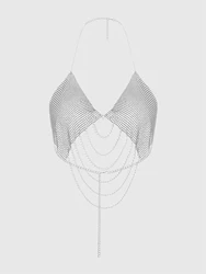 AKYZO Elegant Shiny Rhinestoned V-Neck Halter Crop Top Chic Backless Metal Chain Tassel Tank Top Detail Perfect For Every Season