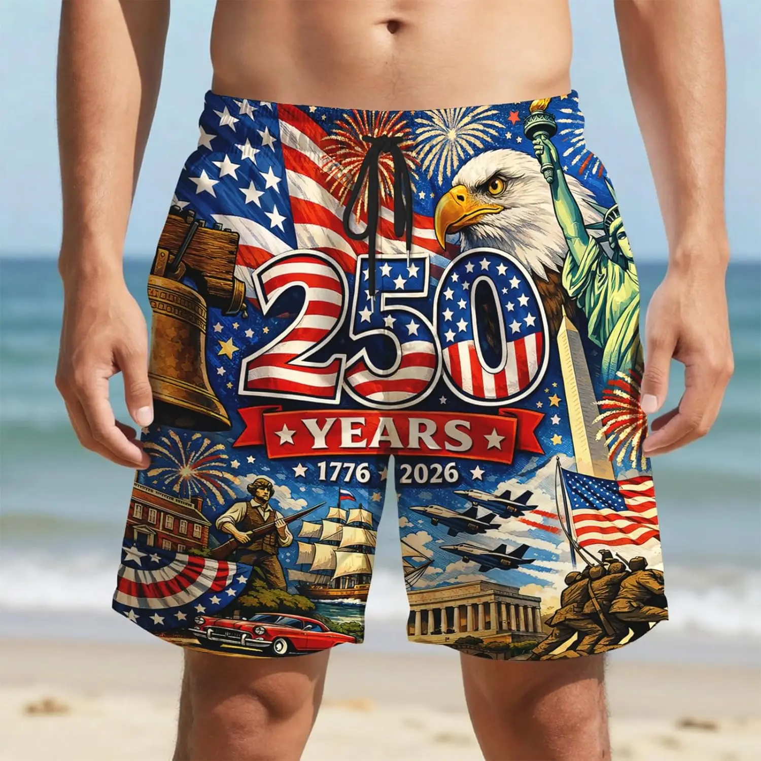 America 250 Years Patriotic Swim Trunks for Men & Youth 1776-2026 USA Flag Beach Board Shorts
