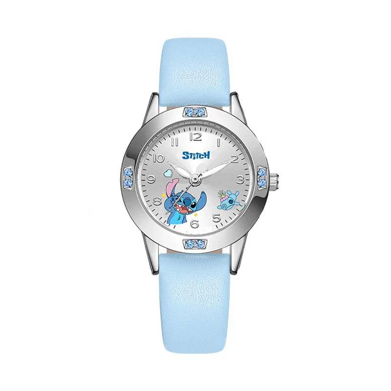 Miniso Anime Cartoon Disney Angie Stitch Round Diamond Quartz Girls Watch Fashion Children Leather Steel Belt Watch Kids Gift