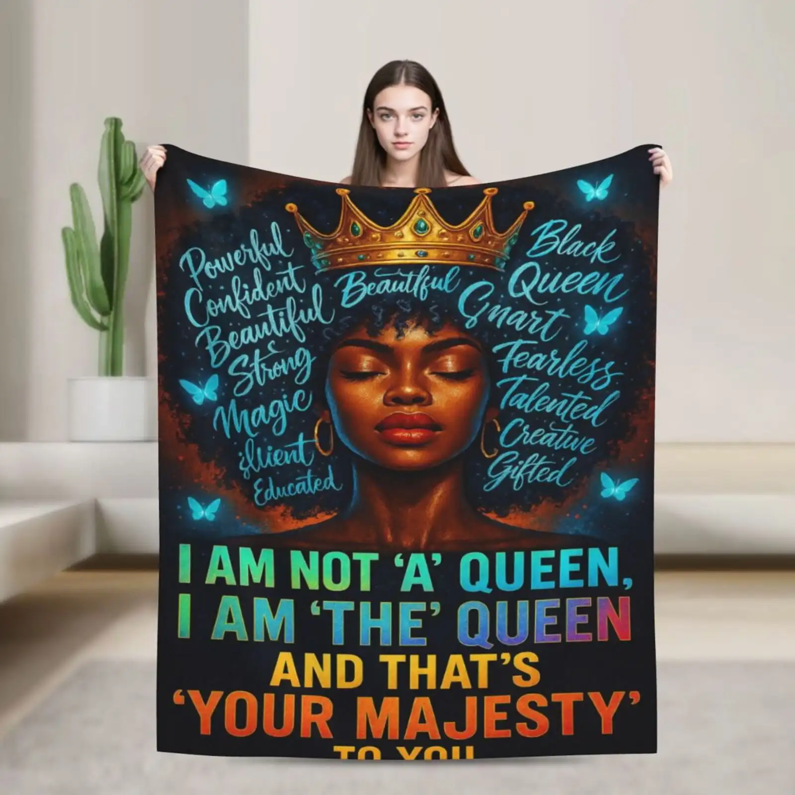 African American Black Girl Lady Blanket I AM The Queen Print Gifts for Women Kids Girls Female Friends Home Bedroom