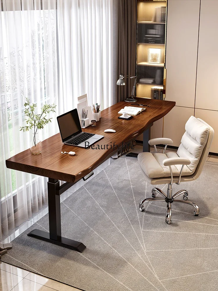

Electric lifting table Solid wood multi-function desk Rectangle balcony Double walnut color