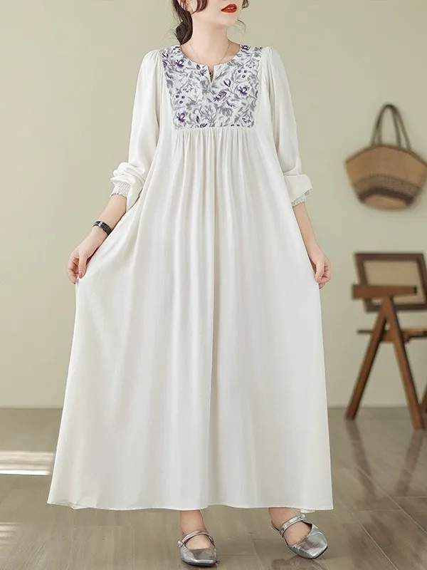 

plus Size Loose Ethnic Vaion Sle Embroidered Long Sve Dr Knee-Length A-Line Skirt for Women plus Size Slimming