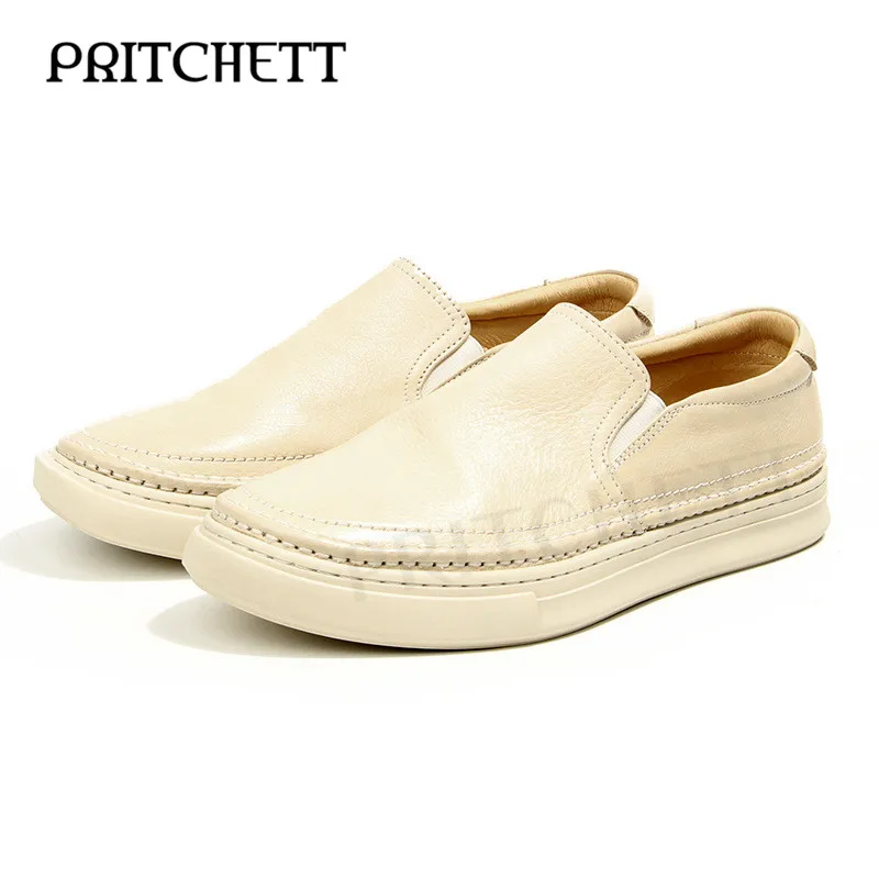 

White Slightly Dirty Old Sneakers Round Toe Thick Soles Simple Slip-On Loafers Comfortable Daily Slip-On Shoes for Men