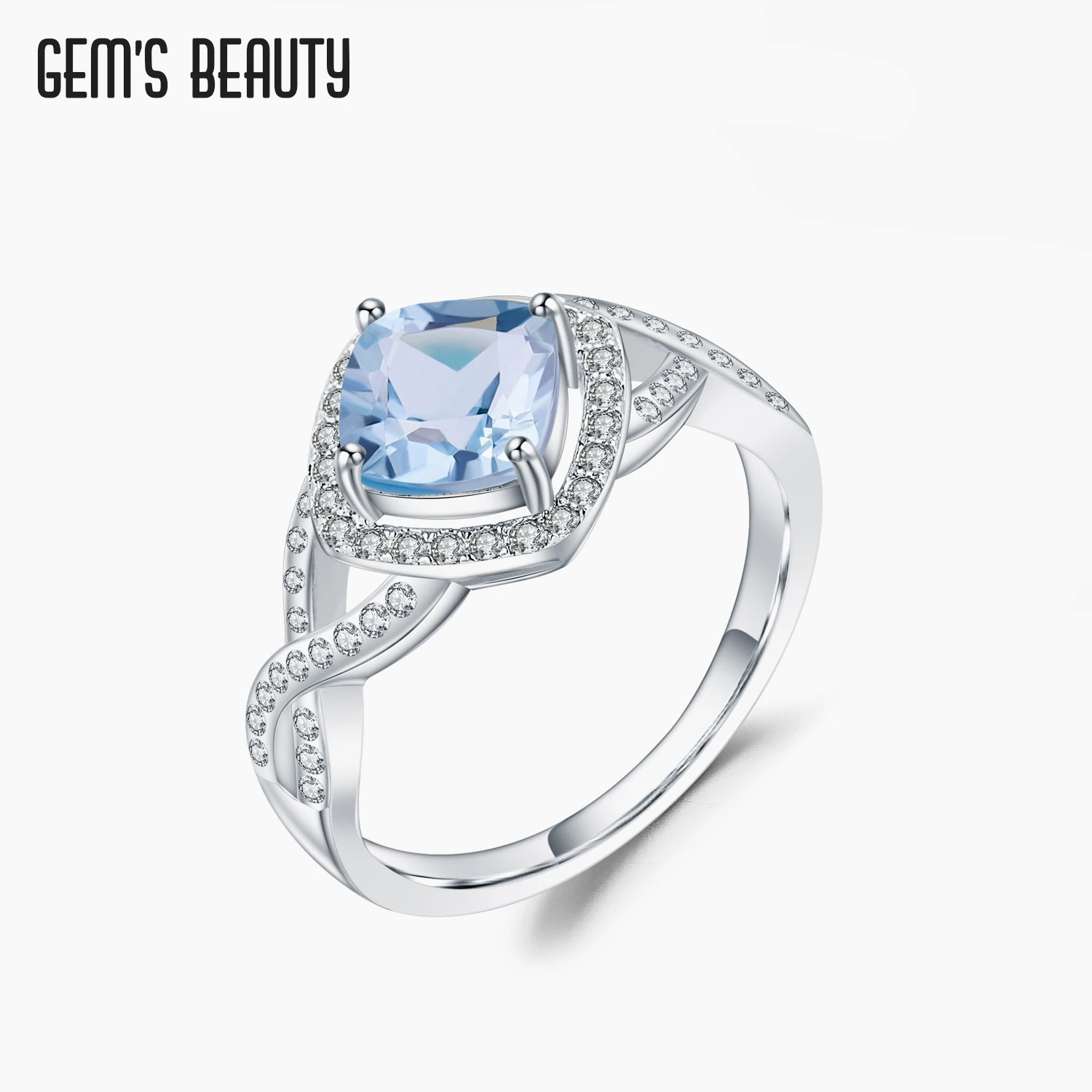 

GEM'S BEAUTY 925 Sterling Silver Angel Eyes Rings Natural Emerald Cut Sky Blue Topaz Handmade Rings For Women Romantic Gift