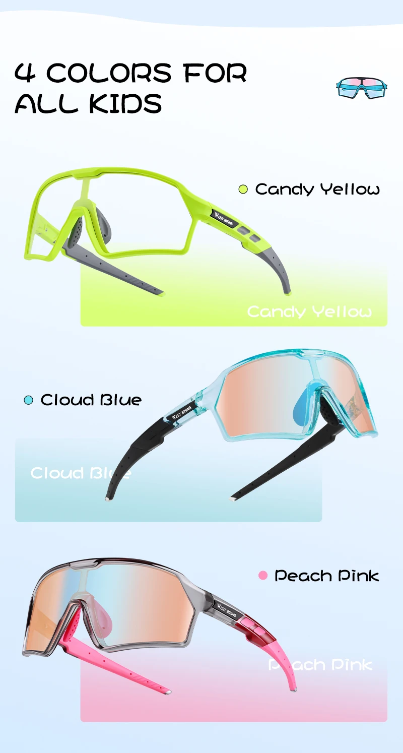 WEST BIKING Photochrome Fahrradbrille für Jungen und Mädchen, TR90 Sportsonnenbrille, UV400, mit flexiblem Rahmen und verstellbarem Nasenpolster – Detail 3
