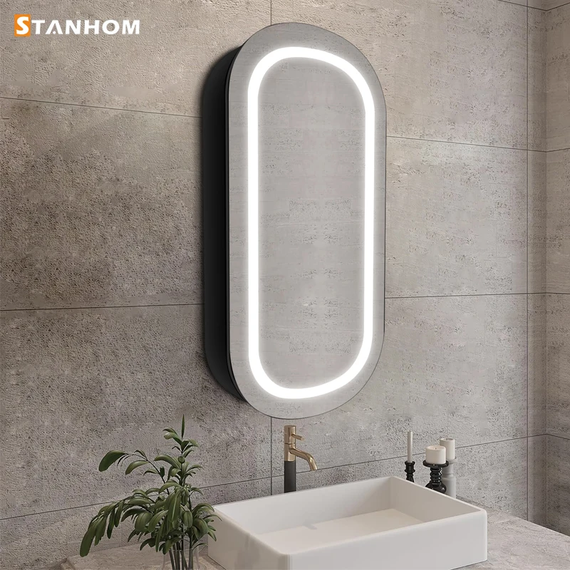 UKCA CE RoHS Bathroom Toilet Makeup Aluminum Mirror Storage Cabinet with Light view 3