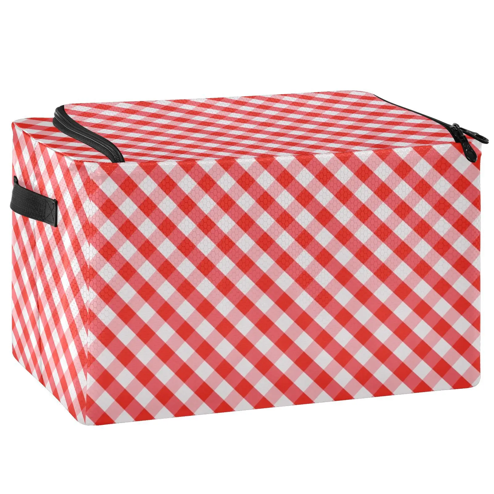 Storage Bin with Lid Fabric Organizer Box Handle Foldable Basket for Clothes Bedroom Closet Red stripe print Under-Bed Storage