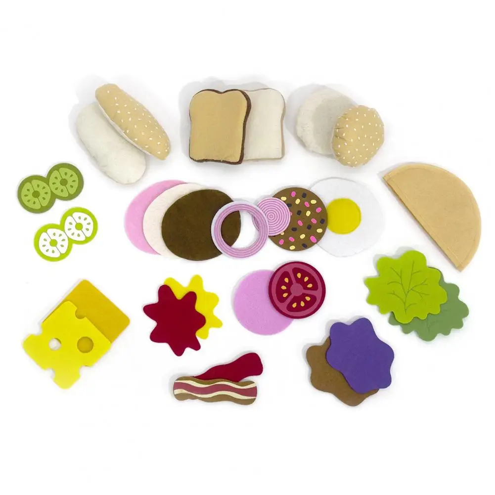 28 Pcs/Set Soft Felt Play Food Set Hamburger Sandwich Stacking Toy with Beef Steak Vegetables Pretend Play Food Kids Kitchen Toy