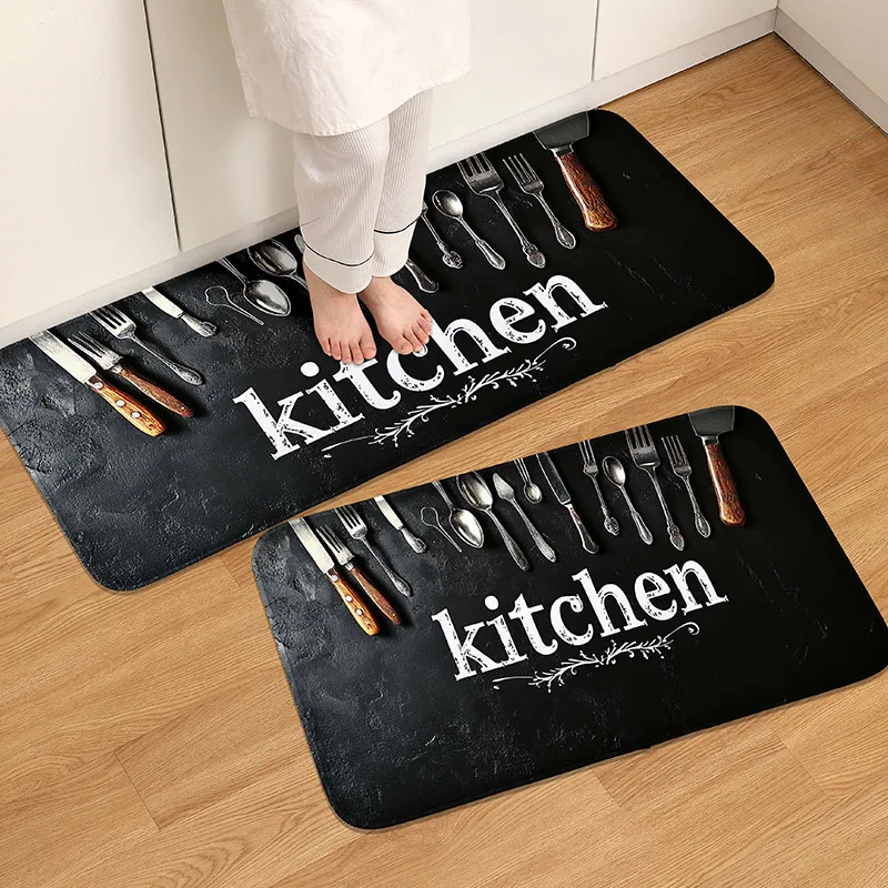 1of tableware pattern flannel kitchen floor mat, entrance door mat, bedroom absorbent door mat, living room floor mat, hand wash
