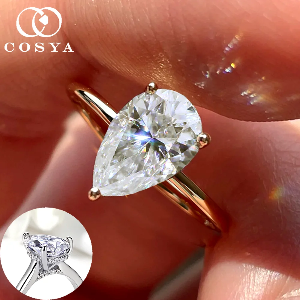 COSYA 2/3CT Waterdrop Moissanite Hidden Halo Rings for Women S925 Silver Plated 18K Gold Solitaire Pear Cut Dianty Fine Jewelry