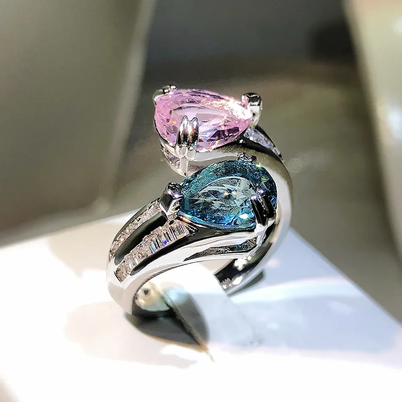 2022 NEW Fashion Colored Love Full Diamond Couple Pink  Ring For Women Irregular Geometric Engagement Wedding Gift Party Jewelry