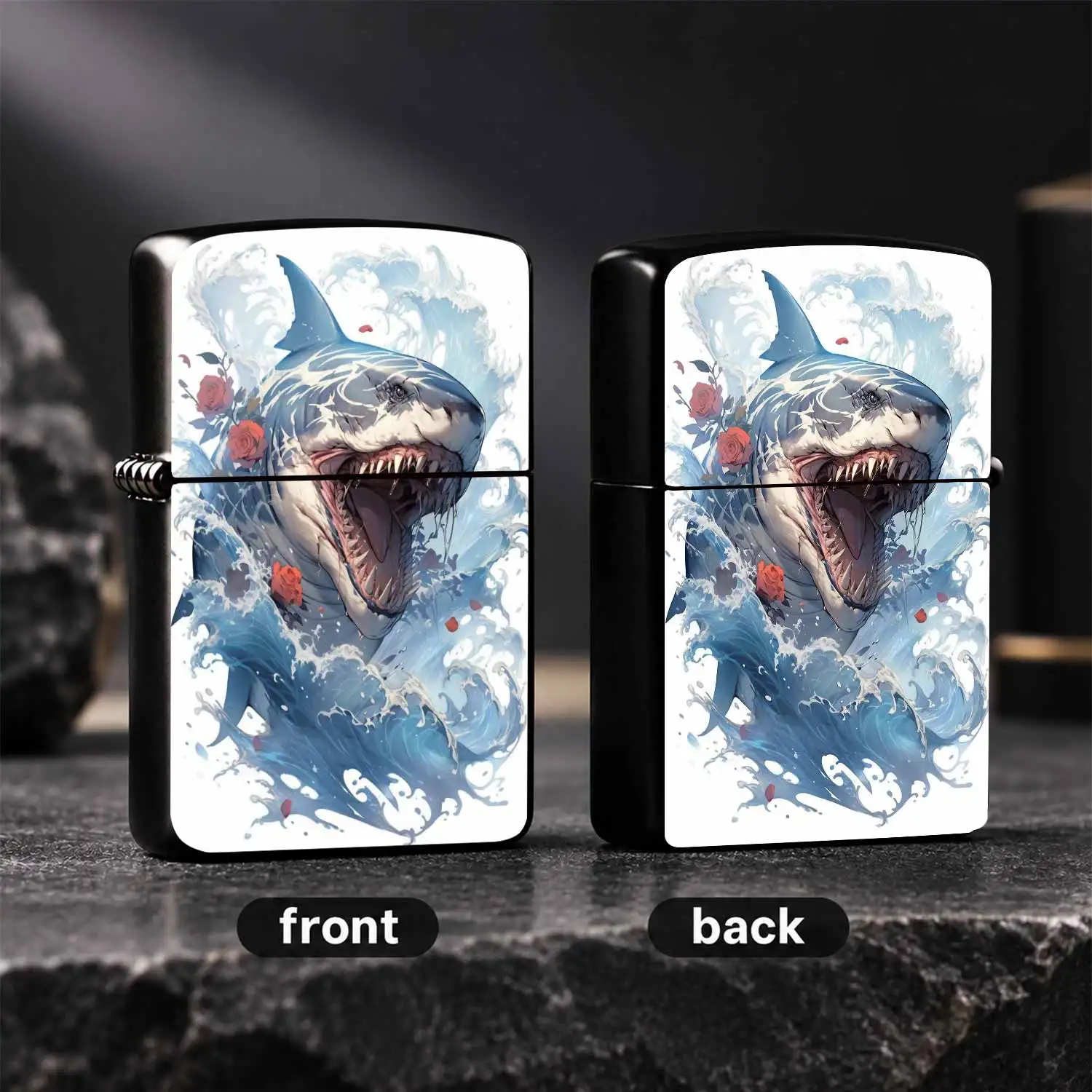 Creative Great White Shark Rose Printed Lighter, Artistic Wave Pattern Decor Portable Igniter, Stylish Atmospheric Daily Carry Tool for Outdoor Camping Home Use, Versatile Practical Nice Gift for All Scenarios A Humorous And Interesting Li