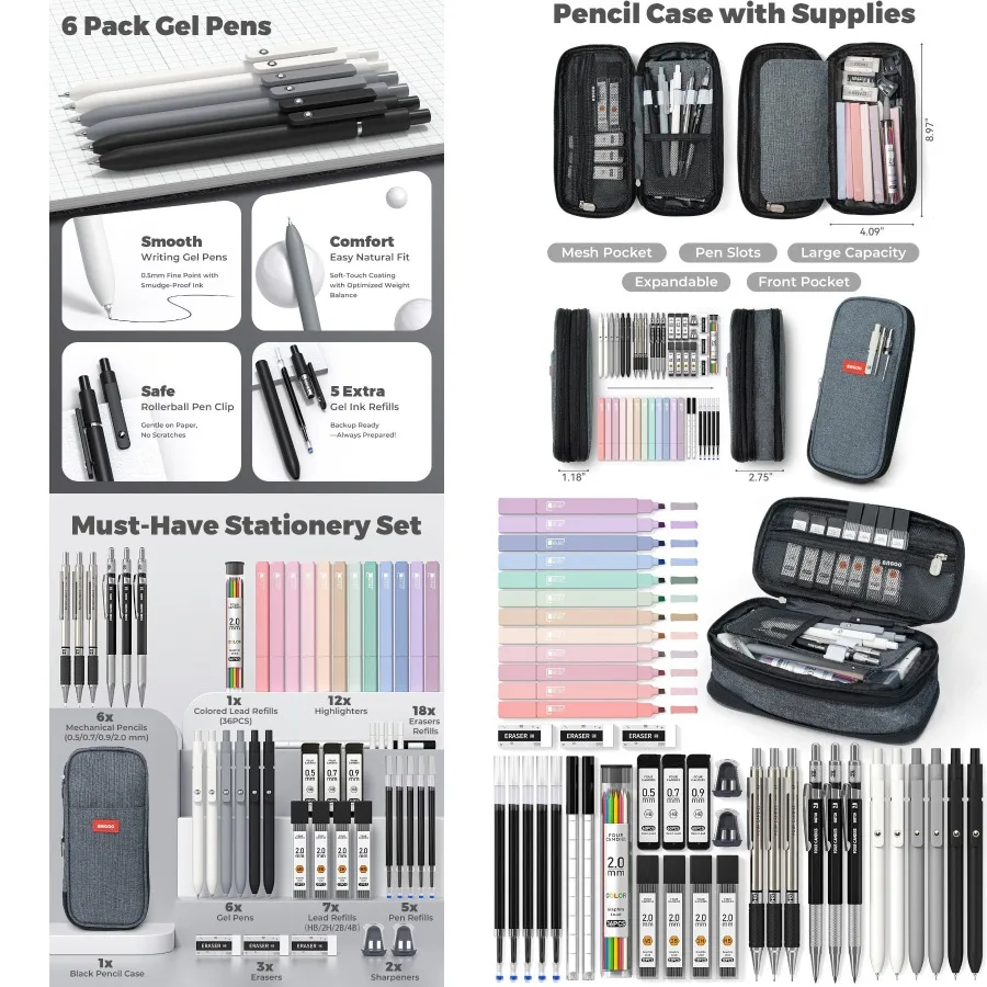 

Four Candies 45 PCS School Supplies with Pen Case Including 6 Gel Pens 6 Art Mechanical Pencil Set 12 Highlighters for College