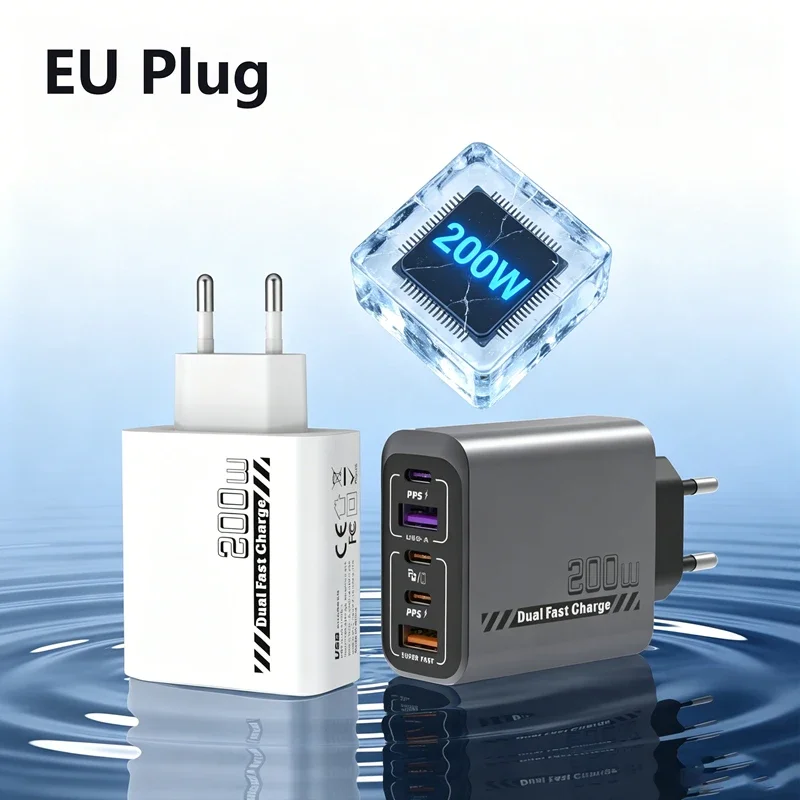 Ładowarka wieloportowa 200W, standardy EU, UK, US, pełne protokoły ładowania, możliwość ładowania 5 urządzeń jednocześnie, inteligentna, superszybka ładowarka. — zdjęcie produktu 3