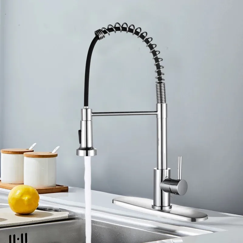 

Stainless Steel Spring-pull Type Kitchen Faucet With Single Handle 2 Water Output Modes And Hot And Cold Water Functions