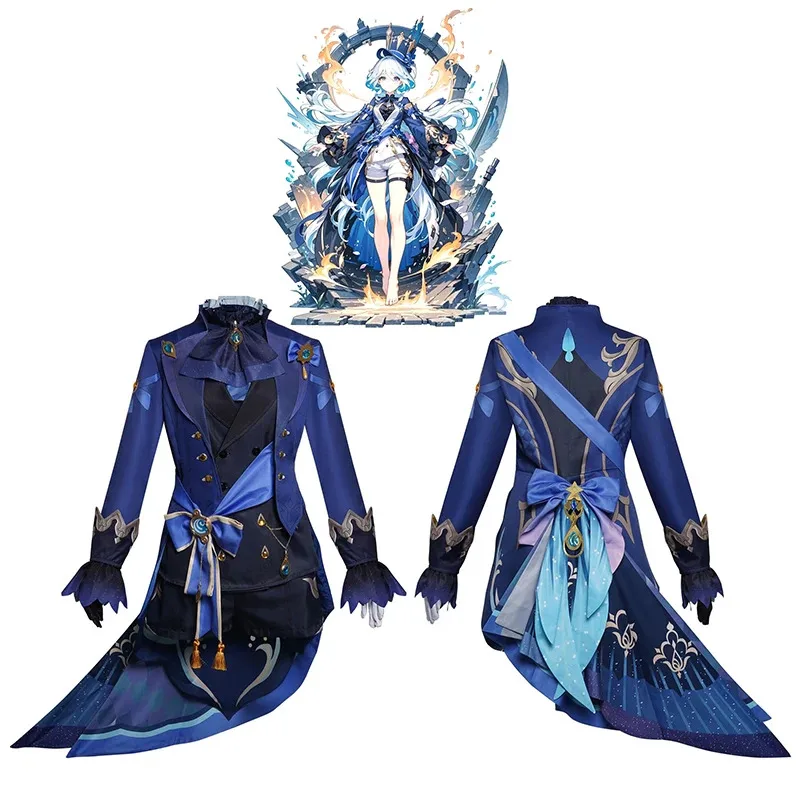 Furina Cosplay Costume Wig Hair Impact Fontaine Focalors with Hat Black Suits High Heel Cosplay Shoes for Women Outfits