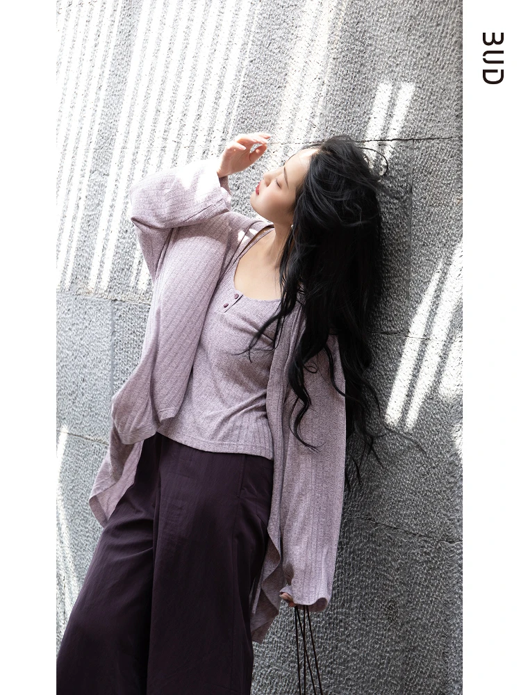 

Комплект из двух предметов: тонкий вязаный кардиган и топ BUD, розово-фиолетовый, женский, весна-лето, модный, легкий трикотаж