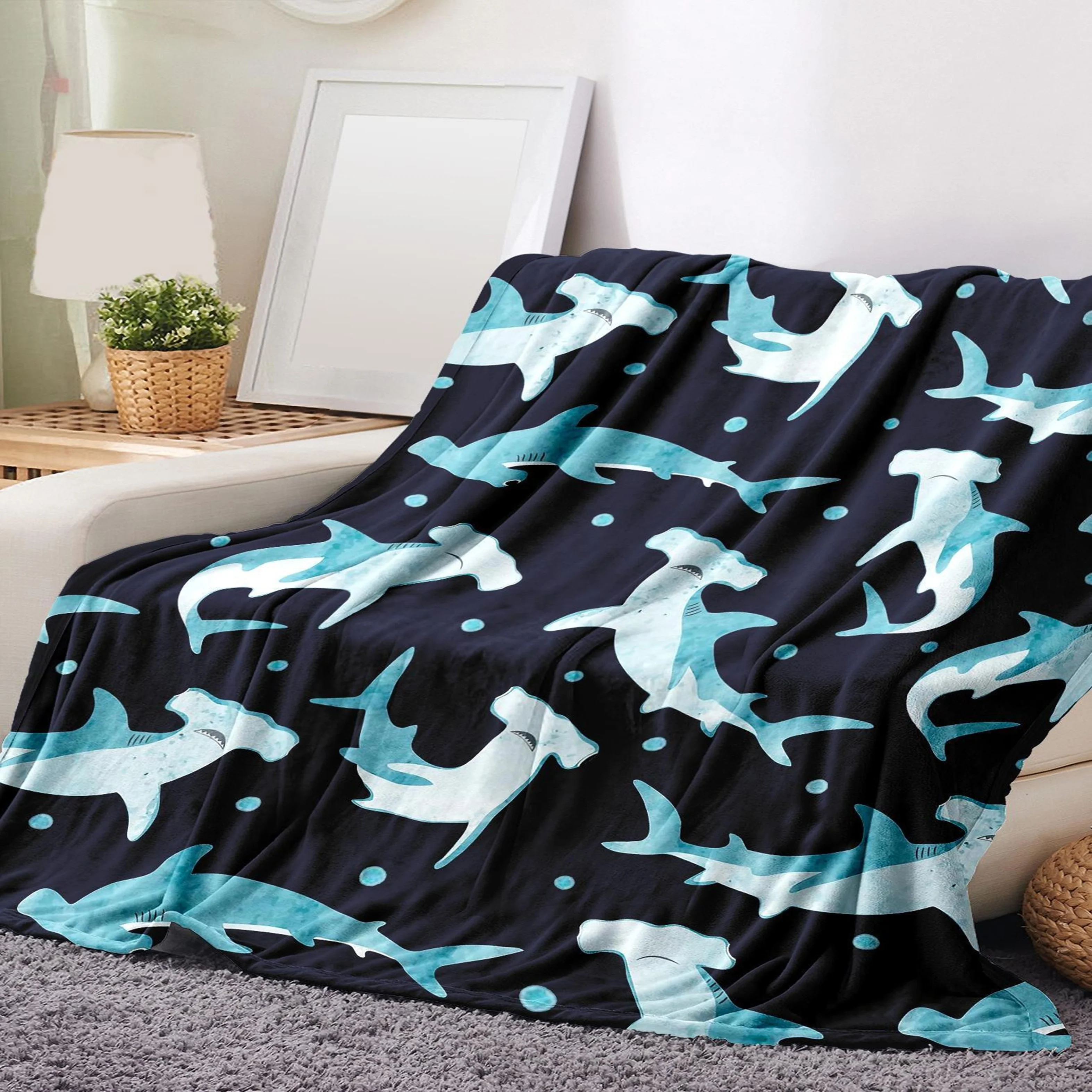 Industrial Style Shark Print Flannel Throw Blanket - Soft Cozy Warm All-Season Multipurpose Office, Outdoor Camping, Travel Blan
