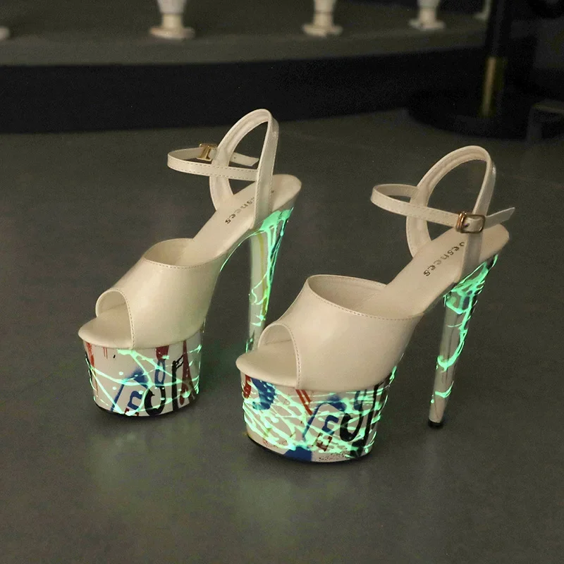 Fluorescent Luminous 16.5CM High Heels Sandals Design Model Pole Dancing Party Stiletto Nightclub Platform Sandals slippers