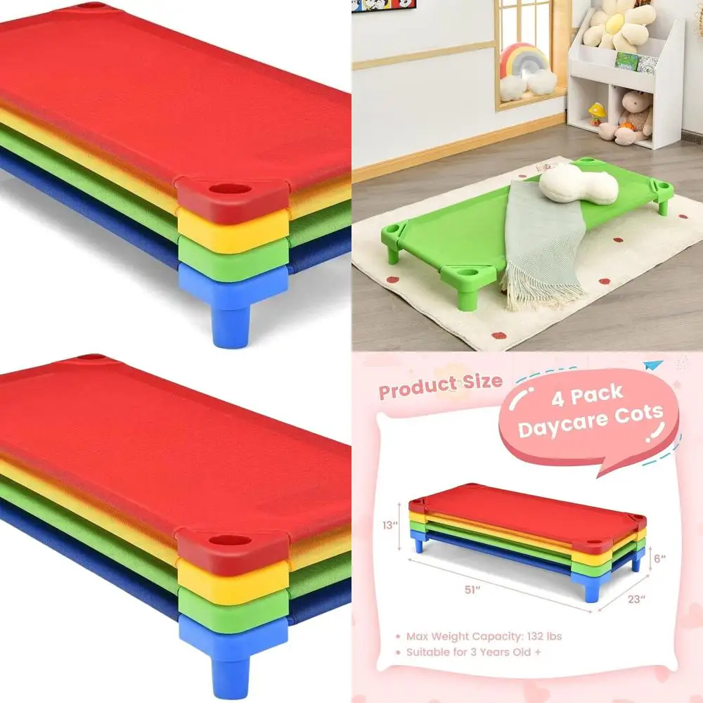 

Штабелируемая детская кроватка для сна для малышей, многоцветная, простая сборка, идеально подходит для дошкольников и детского сада (набор из 4 шт.)