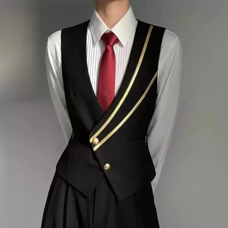 

Personality Splicing Decoration Vest For Man Fashion Brand Bartender Hair-Dresser Outerwear High Quality Sleeveless Coat