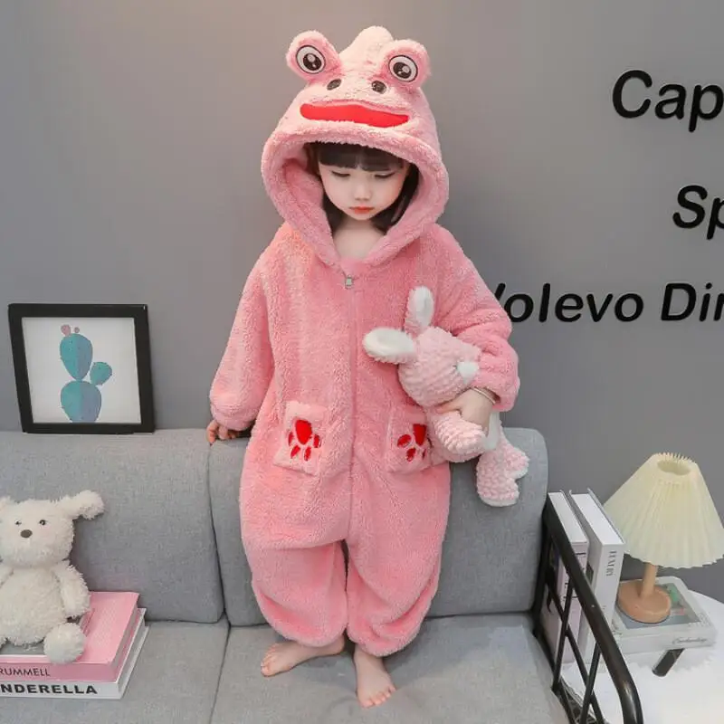 

Осень-зима 2022, фланелевые пижамы-комбинезон для девочек, удобная домашняя одежда с капюшоном, домашняя одежда с героями мультфильмов, пижамный комплект в форме лягушки, детская одежда