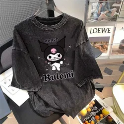 Sanrio Kuromi Japanese Summer Washed Old Kuromi Short Sleeved T-shirt Men Women  Oversized T Shirt Loose Tops 2024 New Harajuku