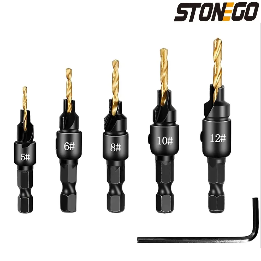 STONEGO 5Pcs/Set Countersink Drill Bit Set, on Pilot Counter Sink Holes for Woodworking,Chamfered Adjustable Drilling Tool Kit